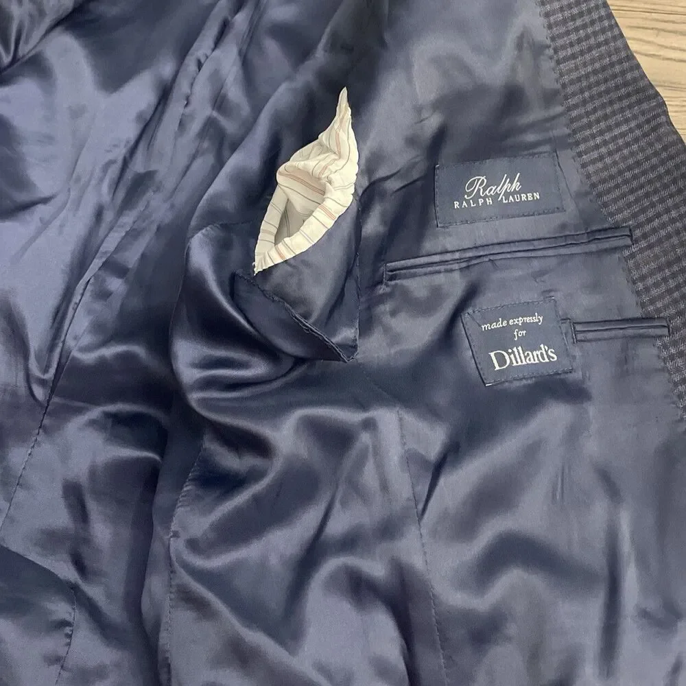 Ralph Lauren Dillards Mens Blazer Custom Fit Jacket Size 40 S Blue Plaid Coat